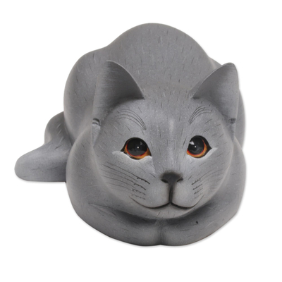 Hand-Carved Resting Wood Cat Sculpture in Grey from Bali