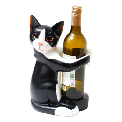 Hand Carved Black and White Cat Figurine Wine Holder