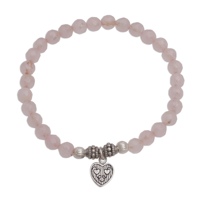 Rose Quartz 925 Silver Heart Charm Bracelet from Bali