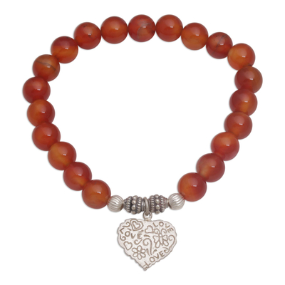 Red Carnelian Heart Charm Beaded Bracelet from Bali