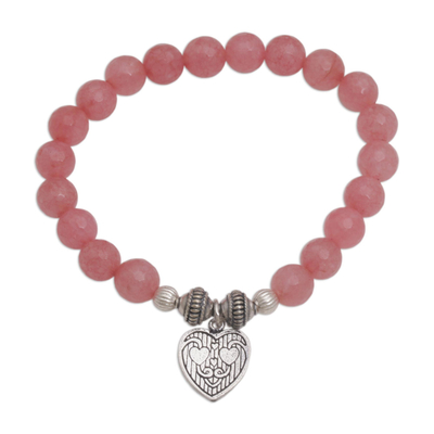 Pink Agate and Heart Charm Beaded Bracelet from Bali