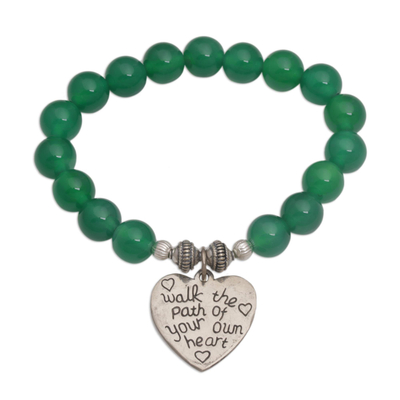 Green Agate and Heart Charm Beaded Bracelet from Bali