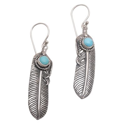 Turquoise and 925 Silver Feather Dangle Earrings from Bali