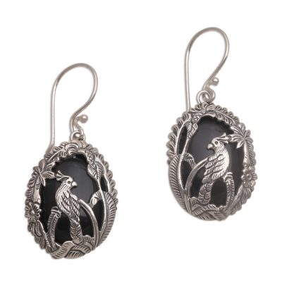 Onyx and Sterling Silver Cockatoo Dangle Earrings from Bali