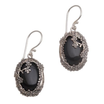 Onyx and Sterling Silver Floral Dangle Earrings from Bali