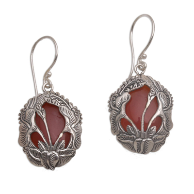Carnelian and 925 Silver Floral Dangle Earrings from Bali