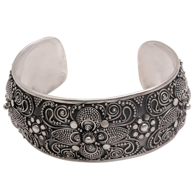 Artisan Crafted Sterling Silver Filigree Flower Wide Cuff Bracelet