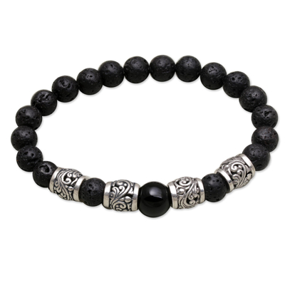 Onyx Lava Stone and 925 Silver Beaded Bracelet from Bali