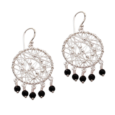 Sterling Silver and Onyx Chandelier Earrings from Indonesia