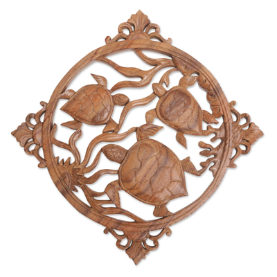 Hand-Carved Suar Wood Turtle-Themed Relief Panel from Bali