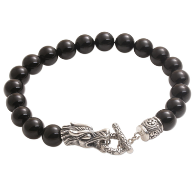 Onyx and Sterling Silver Beaded Dragon Bracelet from Bali