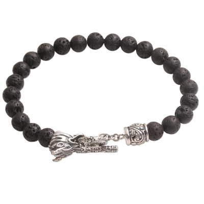 Lava Stone and 925 Silver Beaded Dragon Bracelet from Bali