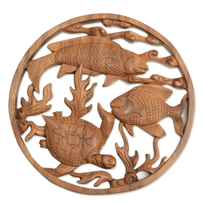 Handmade Wood Relief Panel with Fish and Turtle from Bali