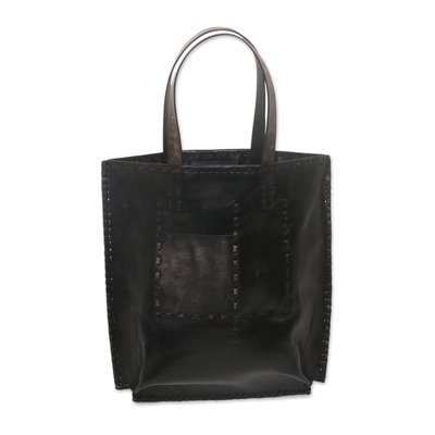 Black Leather Tote Bag with Accent Stitching from Indonesia