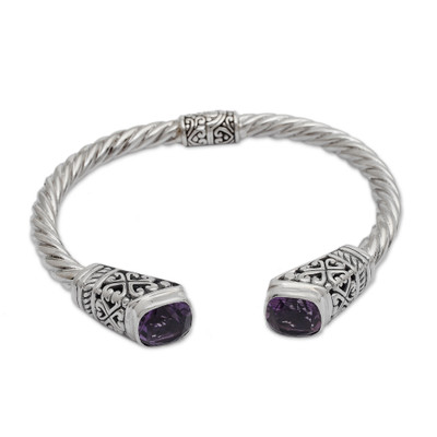 Artisan Crafted Amethyst End Cap Sterling Silver Hinged Cuff Bracelet