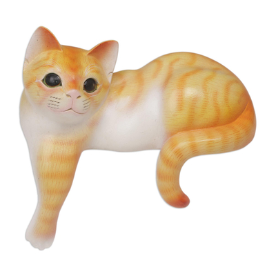 Painted Suar Wood Sculpture of an Orange Cat from Bali