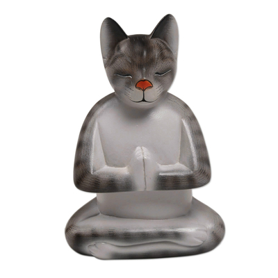 Painted Suar Wood Sculpture of a Meditating Cat from Bali