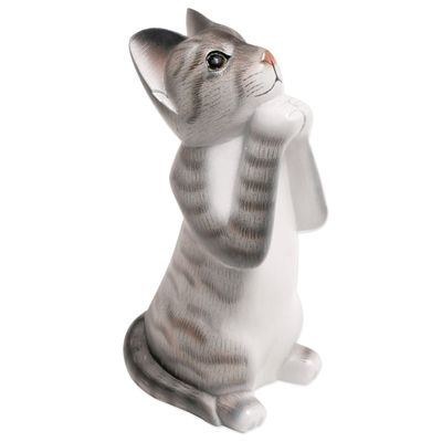 Painted Suar Wood Sculpture of a Wishful Grey Cat from Bali