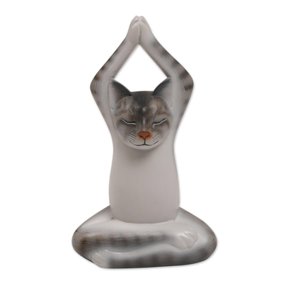 Painted Suar Wood Sculpture of a Yoga Cat in Grey from Bali