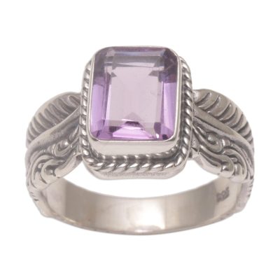 Amethyst Leaf-Themed Single Stone Ring from Bali