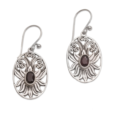 Balinese Garnet and Sterling Silver Lotus Dangle Earrings