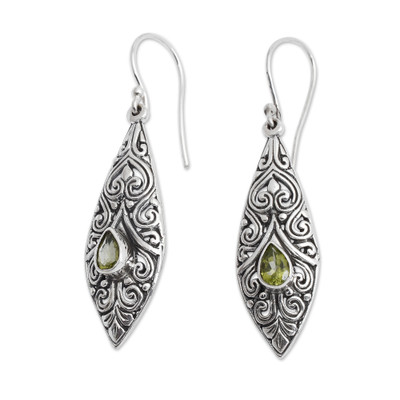 Spiral Motif Drop-Shaped Peridot Dangle Earrings from Bali
