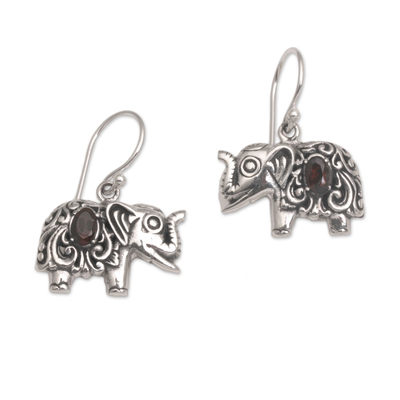 Garnet and Sterling Silver Elephant Dangle Earrings