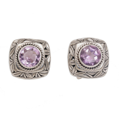 Amethyst and Sterling Silver Button Earrings from Bali