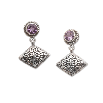 Amethyst Dangle Earrings with Diamond Shapes from Bali