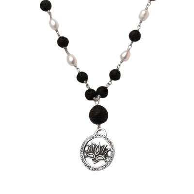 Cultured Pearl and Lava Stone Pendant Necklace from Bali