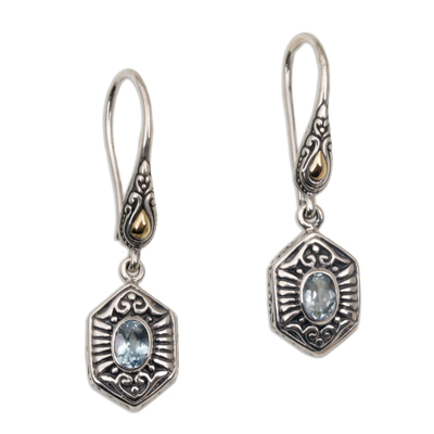 Balinese Silver and Blue Topaz Earrings with Gold Accents