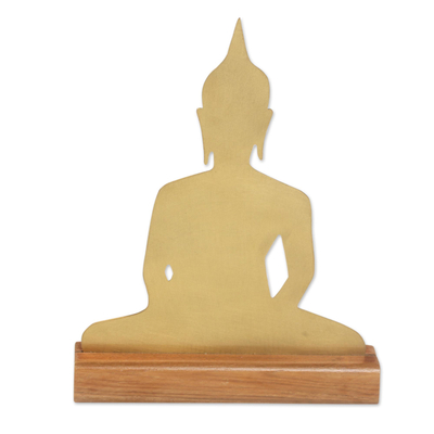 Brass Meditating Buddha Sculpture on Wood Base
