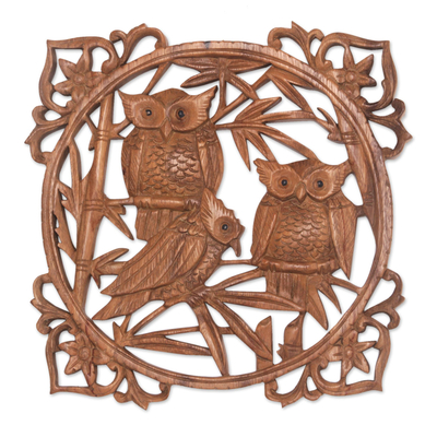 Owl Hand Carved Wood Wall Panel from Indonesia
