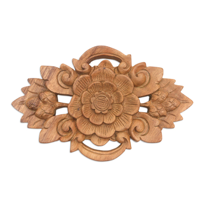 Lotus Flower Wall Relief Panel in Hand Carved Suar Wood