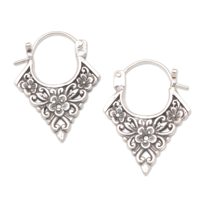 Artisan Made Floral Sterling Silver Hoop Earrings from Bali