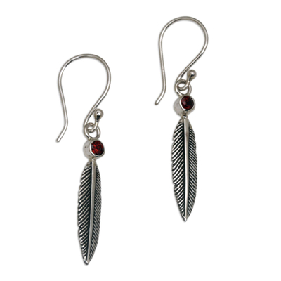 Garnet Feather-Shaped Dangle Earrings from Bali