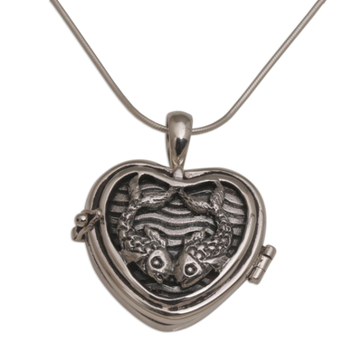 Koi Fish Heart Shaped Sterling Silver Locket Necklace