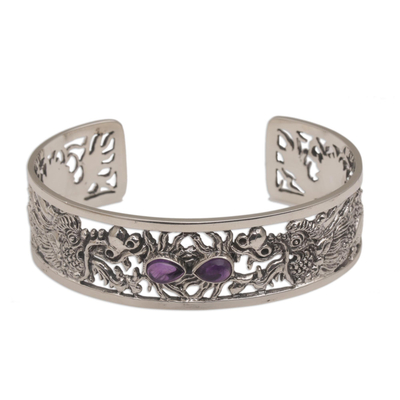 Dragon Themed Sterling Silver and Amethyst Cuff Bracelet