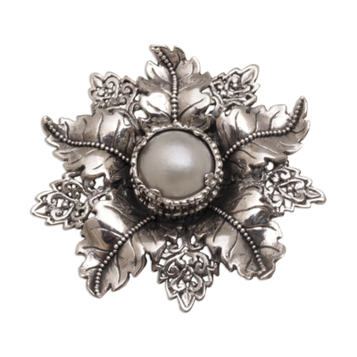 Artisan Crafted Floral Cultured Pearl Brooch from Bali