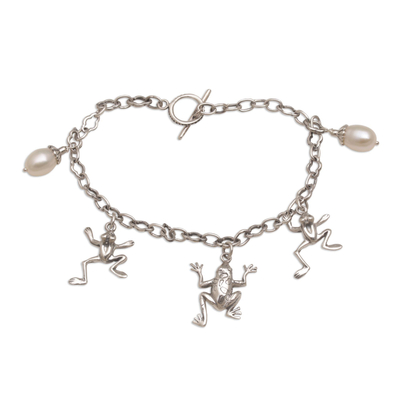 Frog-Themed Cultured Pearl Link Bracelet from Bali