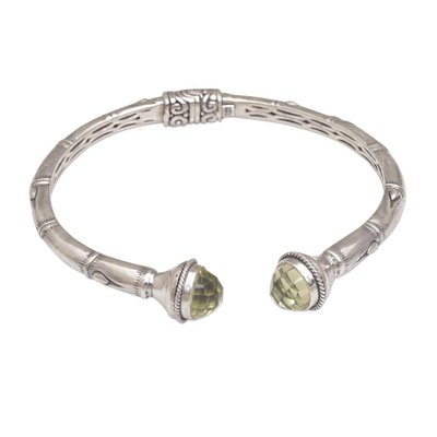 Sterling Silver and Prasiolite Hinged Balinese Cuff Bracelet
