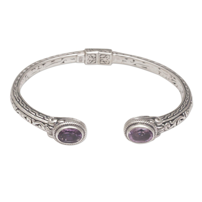 Ornate Balinese Purple Amethyst Sterling Silver Hinged Cuff Bracelet
