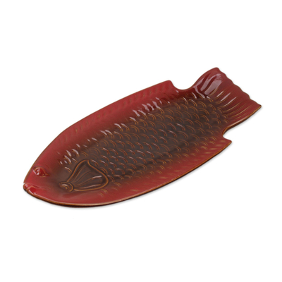 Red Fish-Shaped Ceramic Platter Handmade in Bali