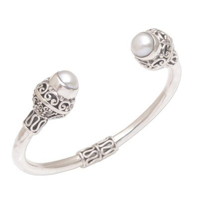Ornate Sterling Silver Cuff Bracelet with Cultured Pearls