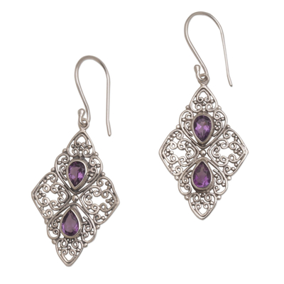 Handmade Ornate Balinese Sterling Silver Dangle Earrings with Amethyst