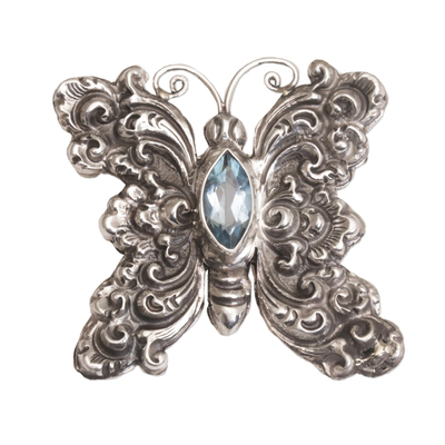 Blue Topaz and Sterling Silver Butterfly Brooch from Bali