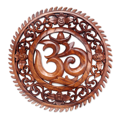 Hand Carved Om Motif Wood Wall Relief Panel from Bali