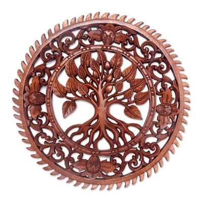 Hand Carved Tree Motif Wood Wall Relief Panel from Bali