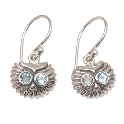 Petite Sterling Silver and Blue Topaz Owl Earrings