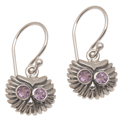 Amethyst and Sterling Silver Owl Dangle Earrings from Bali
